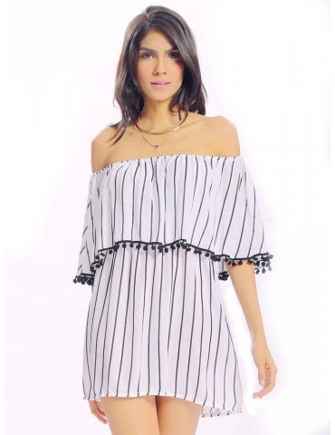 Women Sexy Off-shoulder Stripe Backless Loose Half Sleeve Mini Dress