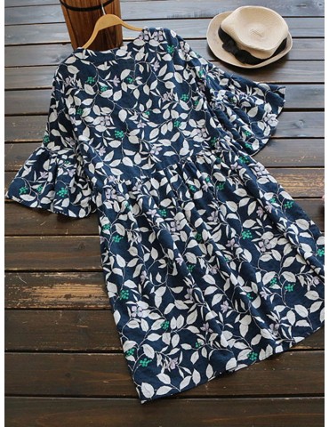 Women Casual Round Neck Ruffled Sleeve Print Dresses