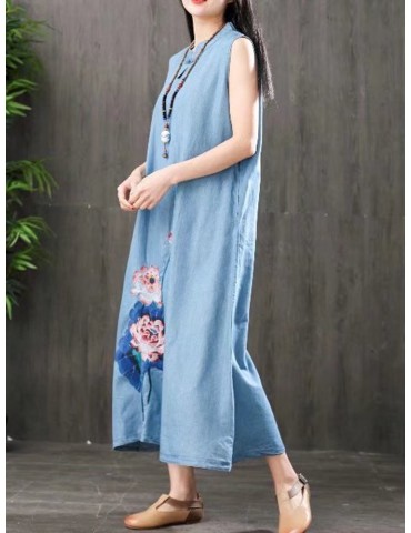 Vintage Embroidered Sleeveless Stand Collar Denim Maxi Dresses