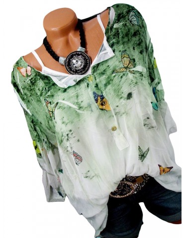 Printed Butterfly Tie Dye Notched Neck Long Sleeve Shirts