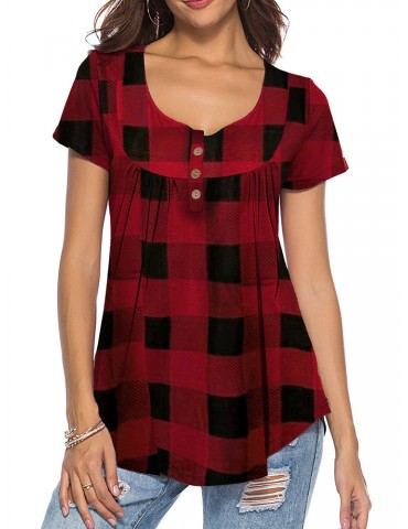 Ethnic Plaid Print Irregular Short Sleeve Casual Blouse