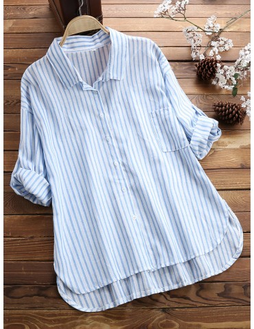 Striped Turn Down Collar Side Slit V Neck Shirt