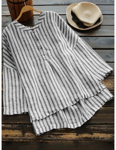 Loose Vertical Striped V neck High Low Button Shirt