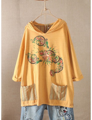 Embroidery Hooded Pockets Casual T-Shirt