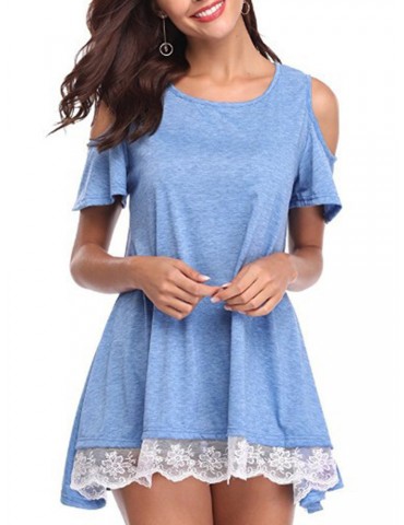 Lace Patchwork Hem Off Shoulder Short Sleeve T-shirts