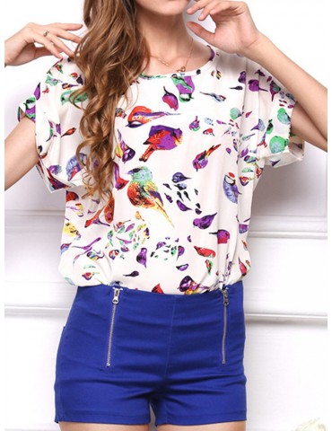 Chiffon Print O-neck Short Sleeve T-shirt For Women