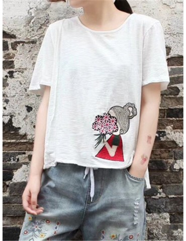 Embroidery Short Sleeve Crew Neck Casual T-Shirt