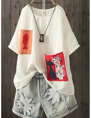 Cute Cat And Fish Print Pockets Casual T-shirt