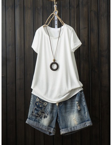 Loose Solid Color Crew Neck Short Sleeve Casual T-shirt