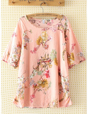 Casual Print Flower Crew Neck Short Sleeve T-Shirt