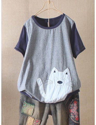 Casual Cartoon Annimal Patchwork Short Sleeve Overhead T-Shirt