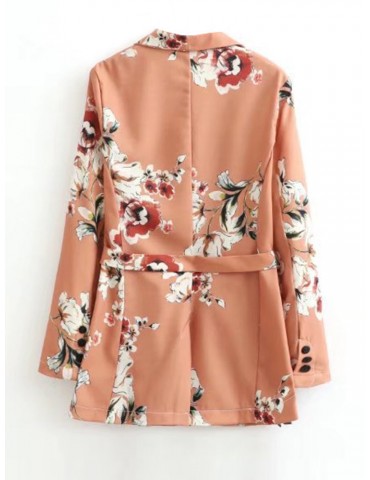 Vintage Floral Print Tie Waist Lapel Long Sleeve Women Jackets