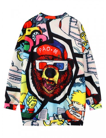 Print Multicolor Beer Crew Neck Oversized Sweatshirt