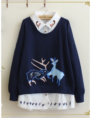 Deer Print Fake Two Pieces Turn Down Collar Sweatshirt