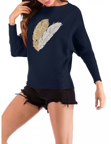 Knit Rhinestones Feather Crew Neck Sweater