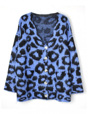 Leopard Print V-neck Button Knit Cardigan For Women