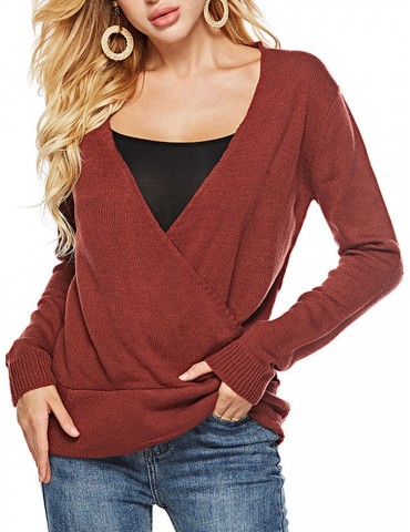 Knit Solid Color V Neck Casual Sweater