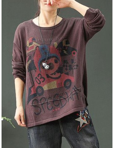 Letter Cartoon Print Long Sleeve Casual Women Sweater