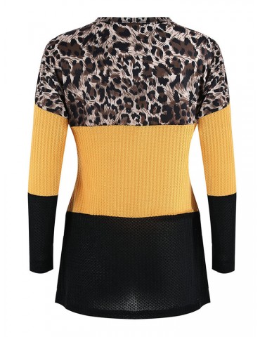 Leopard Patchwork Crew Neck Knit Sweater