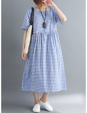 Casual Plaid Half Sleeve Maxi Dress for Women