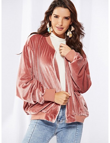 Casual Zipper Long Sleeve Velvet Jacket for Women