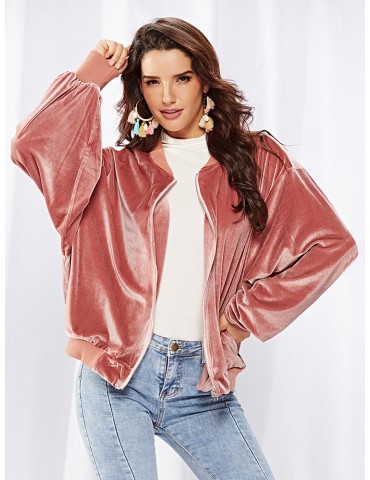 Casual Zipper Long Sleeve Velvet Jacket for Women