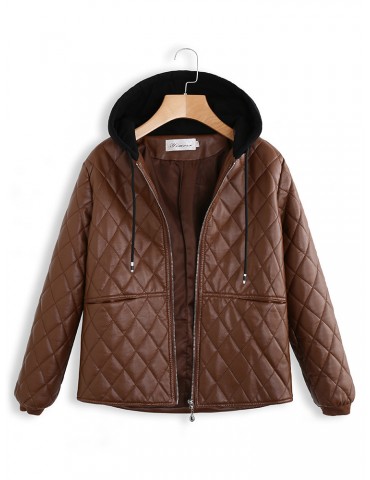 Patchwork Leather Hooded Long Sleeve Jacket