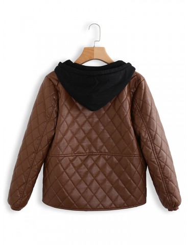 Patchwork Leather Hooded Long Sleeve Jacket