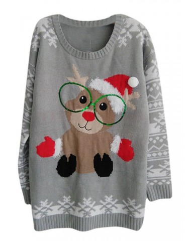 Cartoon Print Long Sleeve Crew Neck Christmas Sweater