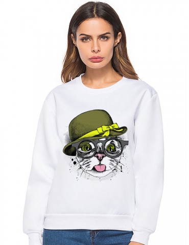 White Cat Printed Long Sleeve O-neck Sweatshirts