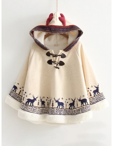 Cartoon Print Deer Ear Irregular Cloak Hoodie