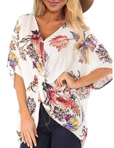 Casual Floral Print V-neck Half Sleeve Plus Size Blouse