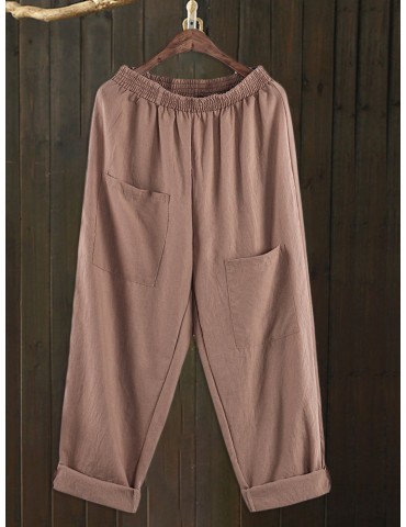 Solid Color Pocket Elastic Waist Vintage Pants