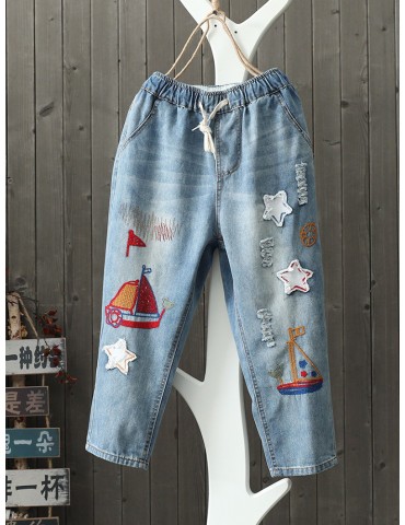 Vintage Embroidery Elastic Waist Denim Pants