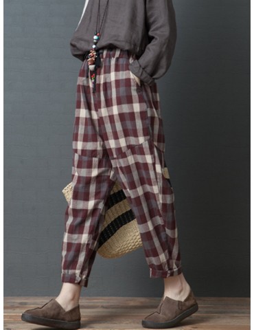 Vintage Plaid Elastic Waist Harem Pants