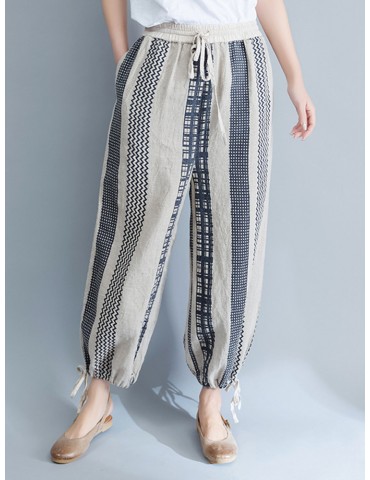 Stripe Plaid Print Wide Leg Drawstring Waist Casual Pants