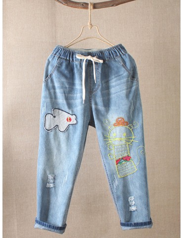 Sweet Embroidered Loose Elastic Waist Casual Denim