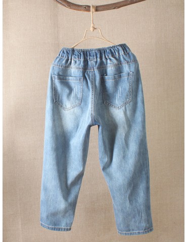 Sweet Embroidered Loose Elastic Waist Casual Denim