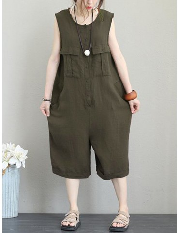 Pockets Button Solid Color Sleeveless Jumpsuit