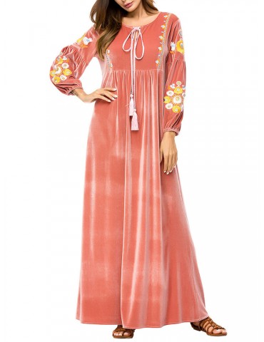 Velvet Embroidery Long Sleeve Pink Muslim Long Dress