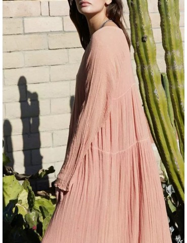 Solid Color Loose Long Sleeve Bohemian Maxi Dress For Women