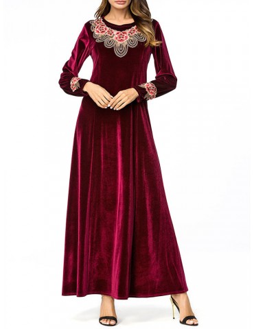 Islam Velvet Embroidery Long Sleeve Wine Red Long Dress