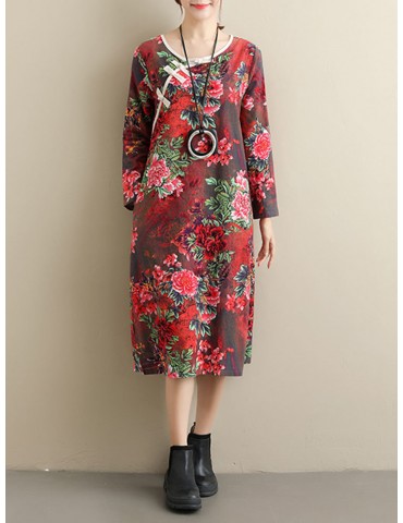 Loose Floral Print Frog Button Long Sleeve Vintage Dresses