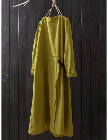 Vintage Drawstring Button Long Sleeve Dress